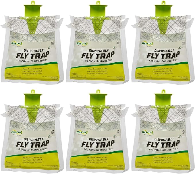 Rescue! Outdoor Disposable Fly Trap – Hanging Fly Catcher with Attractant Bait, Fly Bag for Patio, Yard, Trash & Farm Areas – Easy-to-Use Outdoor Fly Control - 6 Traps