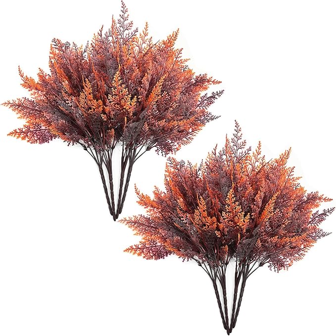 Fake Ferns Shrub Artificial Fern Leaves Plants, Plastic Foliage Greenery Faux Boston Leaf Stems Plant for Outdoor Indoor Garden Décor Wedding Party DIY Decoration Planter Filler Shrubs - Red 8 Pack