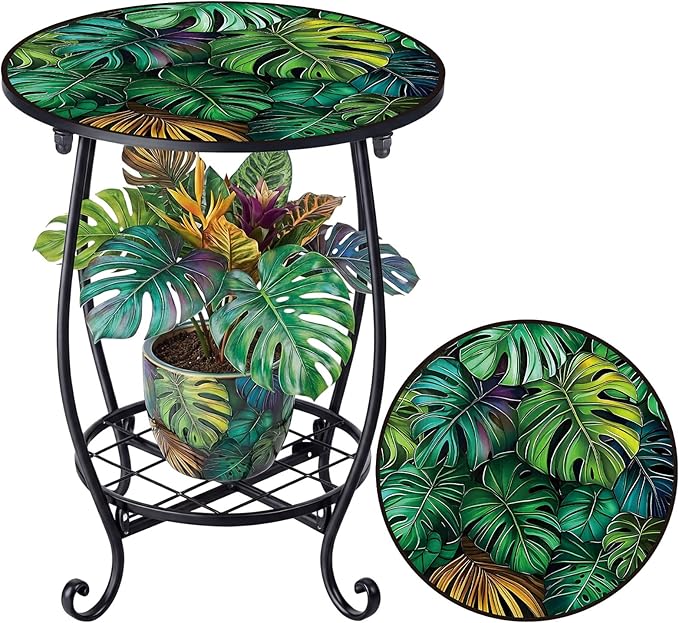 Outdoor Side Table Round Small Mosaic Patio Accent Indoor End Plant Coffee Tea Table for Yard Patio Porch Garden Living Room, Bedroom (Monster Leaf Style,14 Inch)