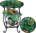 Outdoor Side Table Round Small Mosaic Patio Accent Indoor End Plant Coffee Tea Table for Yard Patio Porch Garden Living Room, Bedroom (Monster Leaf Style,14 Inch)