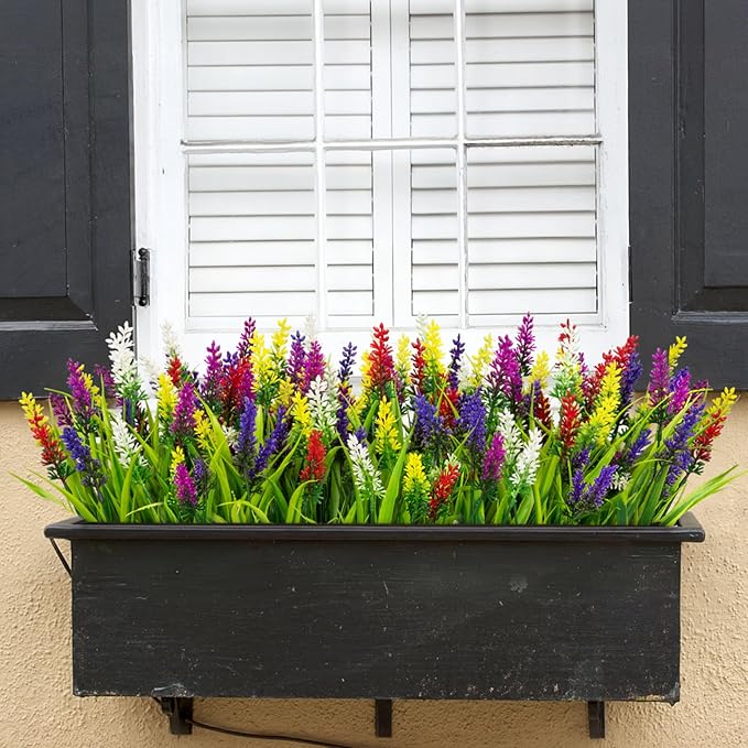 Bassion 24 Bundles Artificial Flowers for Outdoors, Fake Lavender Flowers with Monkey Grass UV Resistant Plastic Faux Plants for Outside Hanging Planter Window Box Garden Patio Front Porch Home Decor