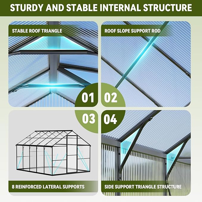 8X10 FT Outdoor Greenhouse with Hygrometer, Polycarbonate Walk-in Green House for Outside, Reinforced Aluminum Frame Greenhouses, Heavy Duty Garden, Patio, Backyard Flower Planting