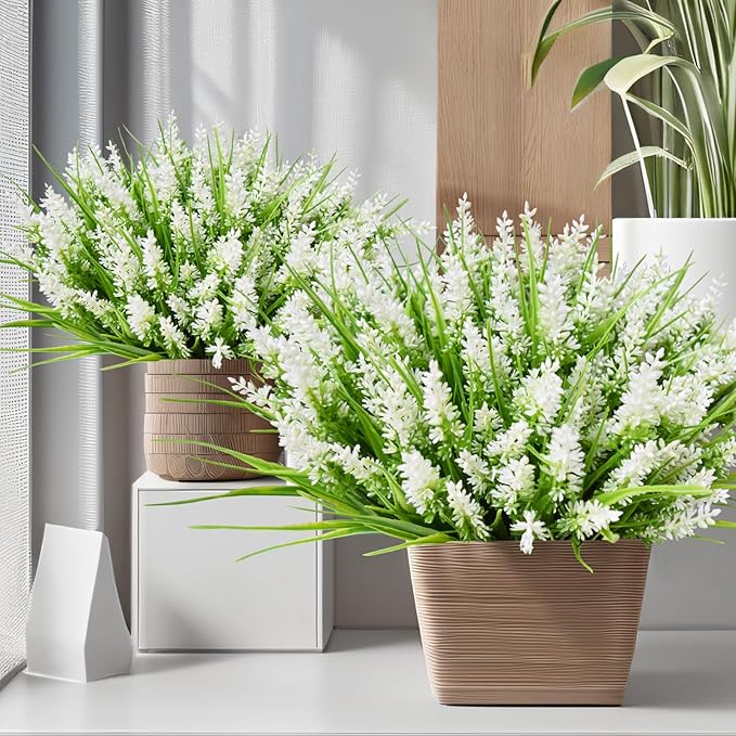 Kinisty 12 Bundles Outdoor Artificial Plants and Flowers, UV Resistant Faux Monkey Grass with Lavender and Fake Plastic Greenery for Spring Summer Outside Planter Porch Garden Decor, White