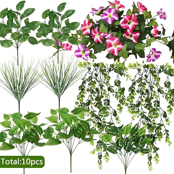 Waipfaru Artificial Plants & Flowers, UV Resistant Fake Plants Artificial Flowers Outdoors, Realistic Faux Petunias Fake Hanging Plants for Home Outside Garden Balcony (10 Bundle Fuchsia Lotus)