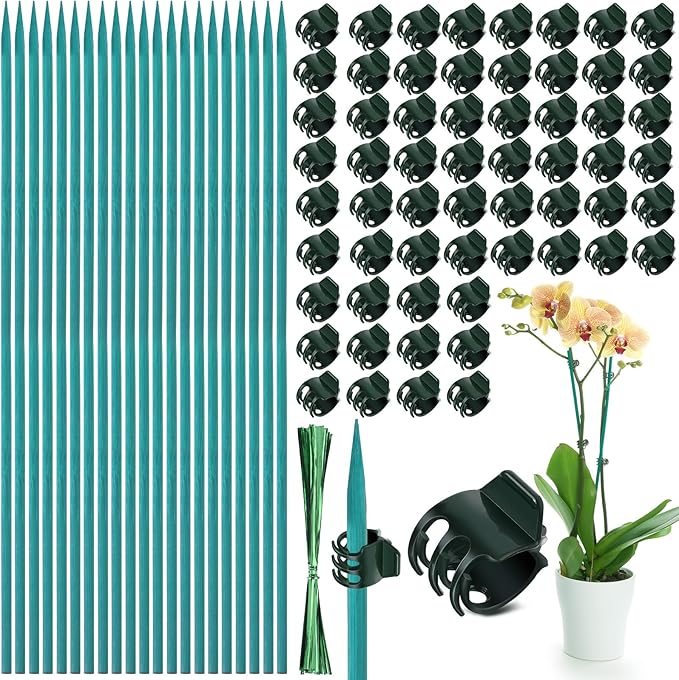 30 Pcs Plant Support Stakes Kit 15 Inch Bamboo Plant Stakes with 50 Pieces Orchid Clips Plastic Garden Plants Clips, 30 Pcs Metallic Twist Ties for Garden Supporting Stems Vines Stalks Grow Upright