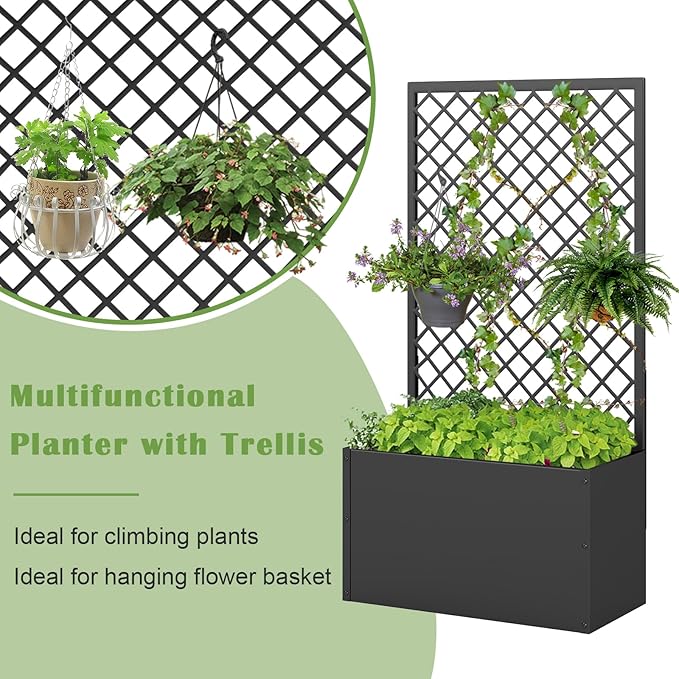 kinbor Planter with Trellis - Metal Planter Boxes Outdoor, Raised Garden Bed with Lattice Trellis for Climbing Plants, Black Flower Boxes Outdoor