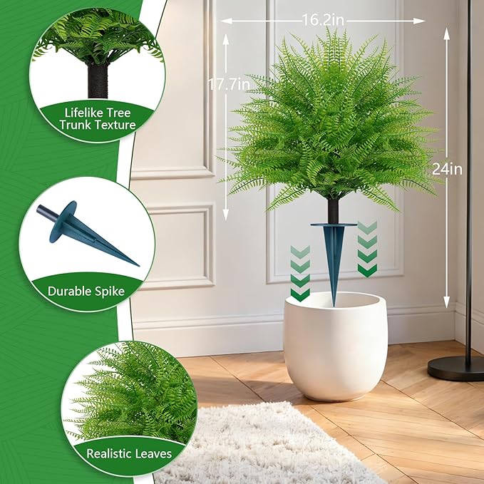 Grooy Artificial Fern Topiary Ball with Ground Spike, Set of 2 Faux Boston Fern Plants Shrub, Fake UV Resistant Evergreen Bushes for Porch Garden Indoor Outdoor Decor