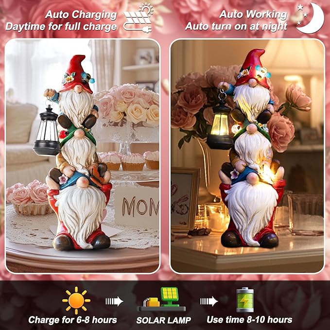 twinbling Garden Gnome Statue with Solar Lights Garden Sculptures Funny Triple Gnome Outdoor Patio Lawn Yard Balcony Home Decor Birthday Gift for Mom Woman Grandma 12 in Summer Gnomes