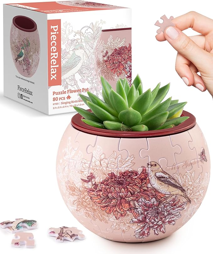 PieceRelax 3D Puzzle Planter - Singing Birds and Flowers - Danish Folklore Style, for Mom, Home Decor Flower Pots for Indoor Cactus, Succulents Pots [K1100]