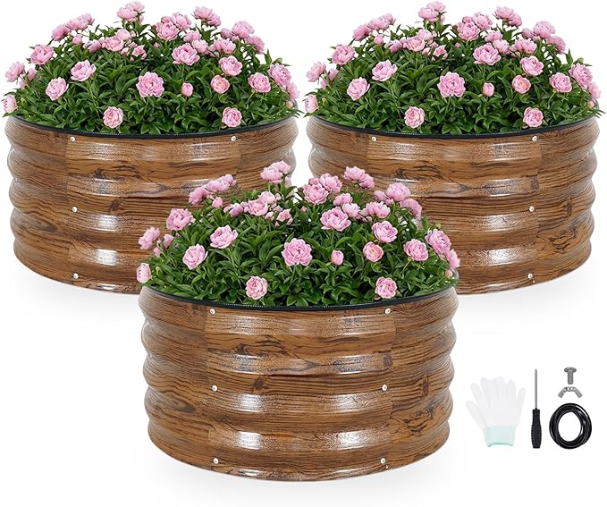 INNO STAGE 3 Pcs Round Galvanized Raised Garden Bed — 2×2×1ft Planter Box Outdoor Raised Beds Kit for Gardening Vegetables, Fruits, Herbs, and Flowers, Grain