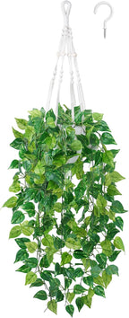 DREAMLOOM Fake Hanging Plants with Pot, Artificial Pothos Hanging Plants with Macrame Hanger for Indoor Decor, Fake Hanging Vines Faux Greenery for Home Kitchen Office