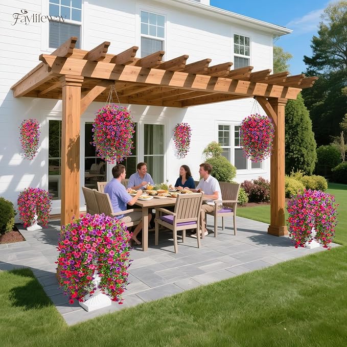 Artificial Hanging Flowers for Outdoors Spring Summer Decoration, 8PCS UV Resistant Silk Fake Hanging Plants for Patio Porch Front Yard Window Garden Indoor Decor(Purple&Hot Pink,8PCS)