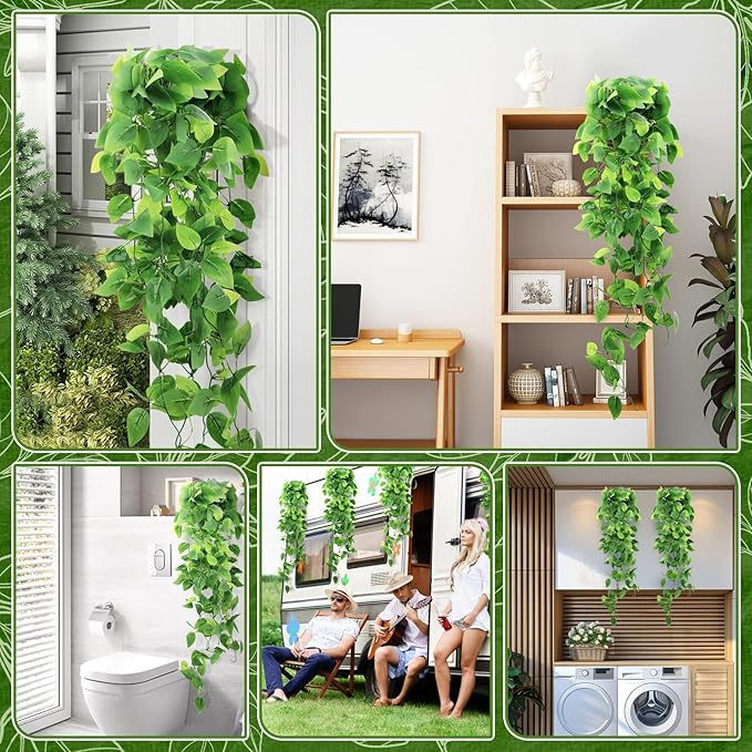 2-Pack Fake Hanging Plants, Faux Hanging Plant Artificial Greenery for Living Room Bedroom Boho Wall Shelf Indoor Outdoor Decor (Green Pothos Ivy Vines)