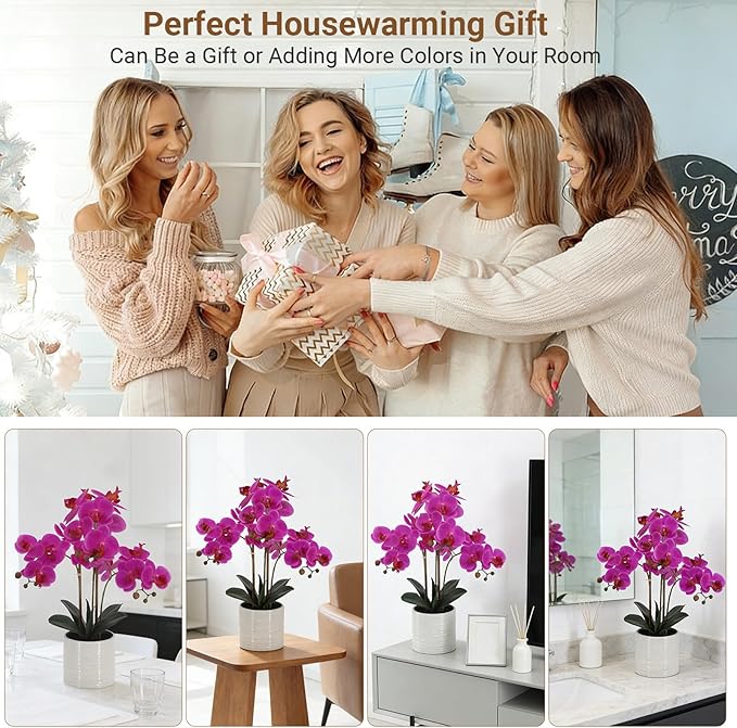 Artificial Orchid Flowers Fake Phalaenopsis Plant in Pot, 23" Tall Faux Orchids for Home Decor Indoor, Lifelike Silk Flowers for Centerpieces Office Arrangement-Dark Pink
