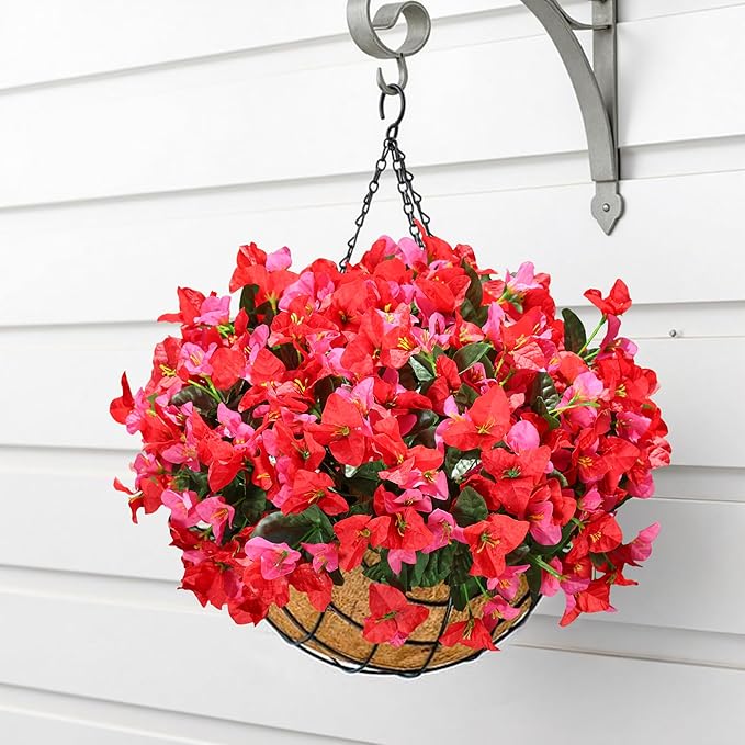 Artificial Flowers for Outdoors Outside Spring Summer Decor, 4 Bundles Silk Bougainvillea Fake Plants Faux Outdoor Flowers for Planters UV Resistant Realistic for Porch Window Garden Home, RedHotpink