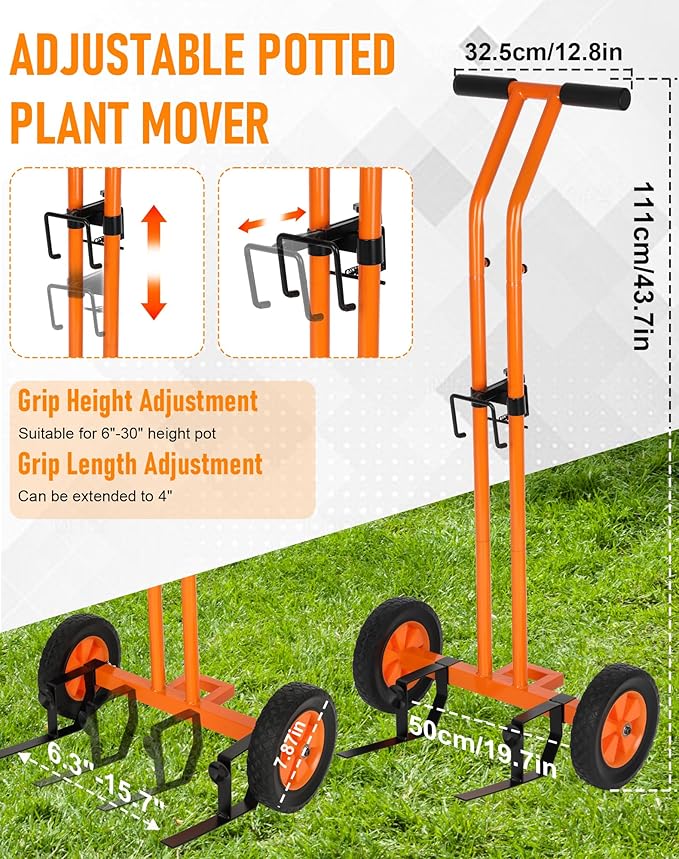 Heavy Duty Plant Caddy with Wheels, Plant Dolly Cart, Adjustable Grabbing Arm & Suction Cups for Easy Plant Movement, Versatile Indoor/Outdoor Plant Dolly Trolley Cart with Strap, Orange