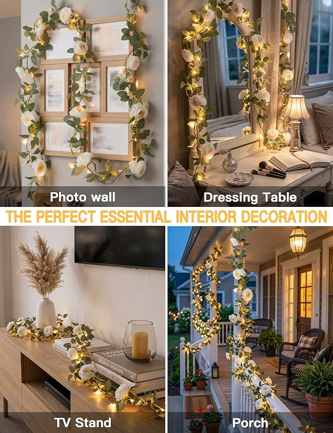suddus Flower Garland with White Camellia Fairy Lights Indoor, 60 LED Vines String Lights Battery Operated with Remote, Artificial Fake Flowers Leaf Lights for Wedding,Bedroom,Centerpieces,Arch Decor