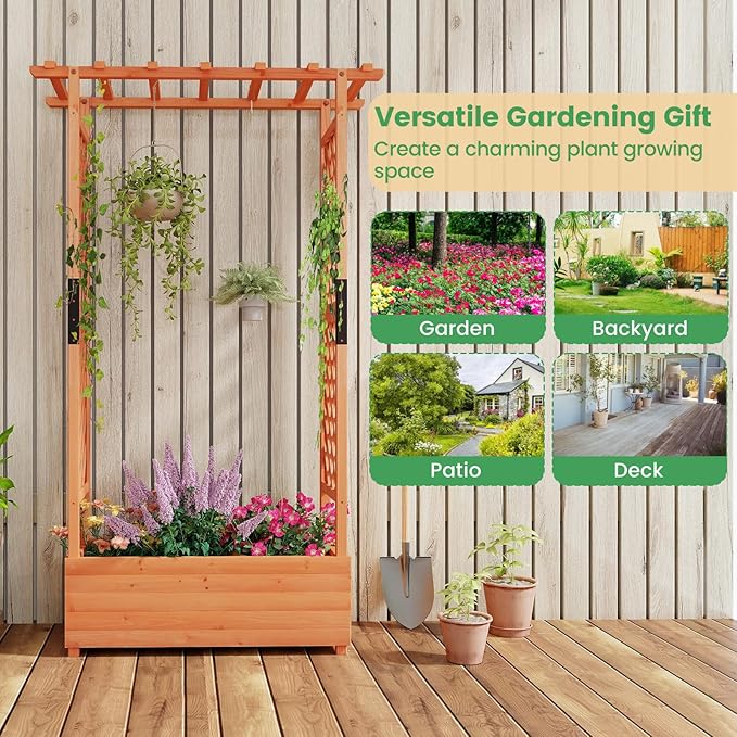 MAT EXPERT Raised Garden Bed with Trellis & Hanging Roof, Lattice Panel with Drainage Hole for Flower, Climbing Plant, Herb, Planter Box for Garden, Patio, Yard (2, 43.5" x 17.5" x 72" (L x W x H))