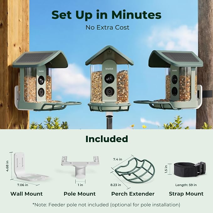 Kiwibit Solar Smart Bird Feeder with Camera, AI Bird Species Identification, 8MP Photos, 4K UHD Video Live Stream Wild Bird House Feeders for Outdoors, Bird Watching Gifts for Bird Lovers, Green