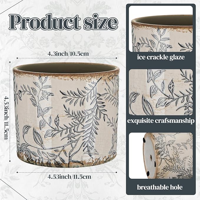 Potchen Indoor Ceramic Plant Pots with Drainage Hole 5 Inch Chinese Glaze Ice Crack Flower Pot Vintage Succulent Pots Porcelain Decorative Planter for Plants Herb Home Decor(Grey,Retro Style)