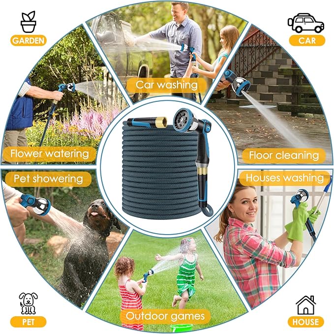 Non-Expandable Garden Hose 100 FT, Lightweight Hose with 10 Function Spray Nozzle, Kink-Free Flexible Water Hose, Durable, Leak-Proof, 360° Swivel Connectors, Portable Storage Strap