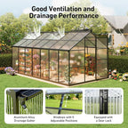 8x14FT Walk-in Greenhouse with Hygrometer,Polycarbonate Green House with UV Protection, Heavy Duty Greenhouse with Windproof Aluminum Frame, Roof Vent & Quick-Install Design