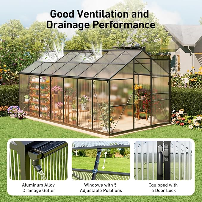 8x14FT Walk-in Greenhouse with Hygrometer,Polycarbonate Green House with UV Protection, Heavy Duty Greenhouse with Windproof Aluminum Frame, Roof Vent & Quick-Install Design