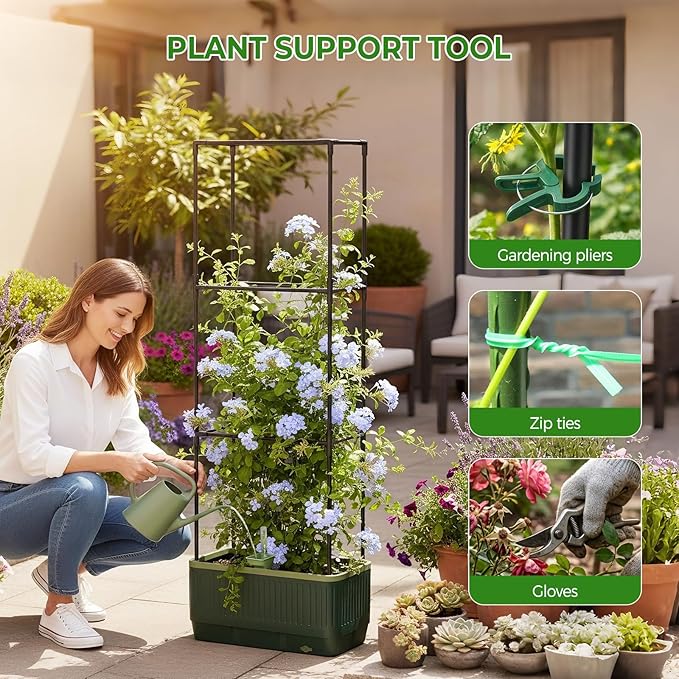 MQUPIN Raised Garden Bed Tomato Planter with Trellis, Self Watering Tomato Planter with Water Level Indicator, Larger Rectangular Tomato Cages for Indoor & Outdoor Climbing Vegetable and Plants (1)