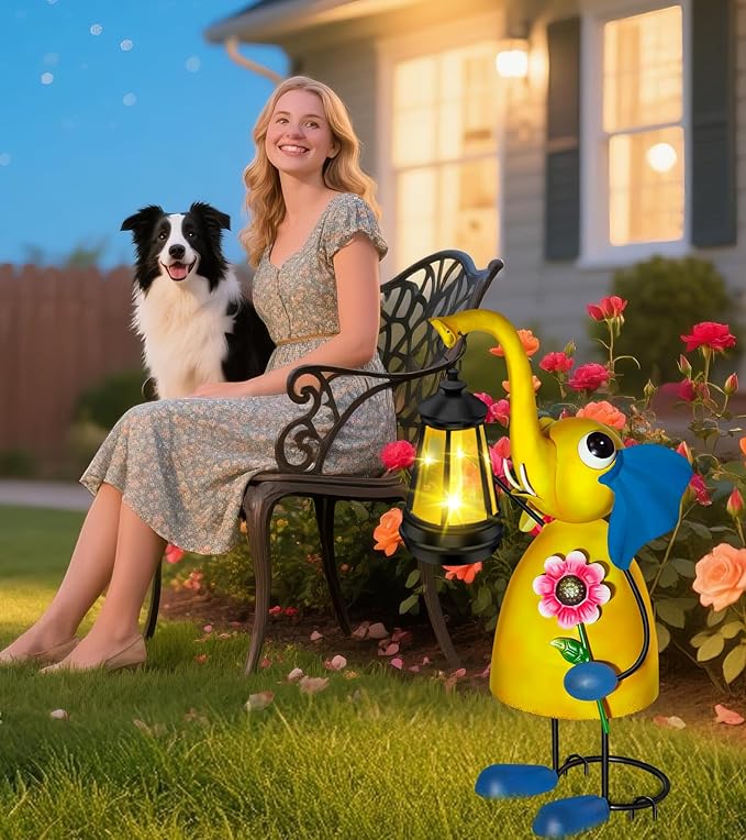 Solar Garden Lights Elephant Statue with Solar Lantern Lights,14.17in Tall Elephant Decor,Birthday Gifts for Women Mom Grandma,Big Metal Decorative Outdoor Figurine for Home Yard Art Patio,Porch,Lawn