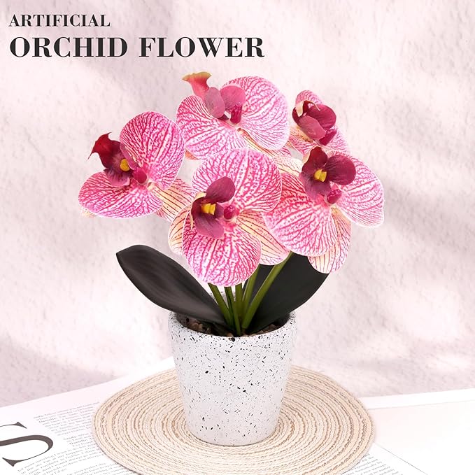 Artificial Orchid Flower Potted Plants Real Touch Small Fake Phalaenopsis Moth Decoration for Home Office Table Centerpiece Desk Shelf