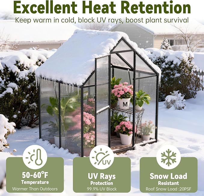 6x4 FT Polycarbonate Greenhouse with Hygrometer, Easy Setup Small Greenhouse for Outdoors Plant Gardening, Heavy Duty Green House Outside with Aluminum Frame Lockable Door & Vented Roof Window