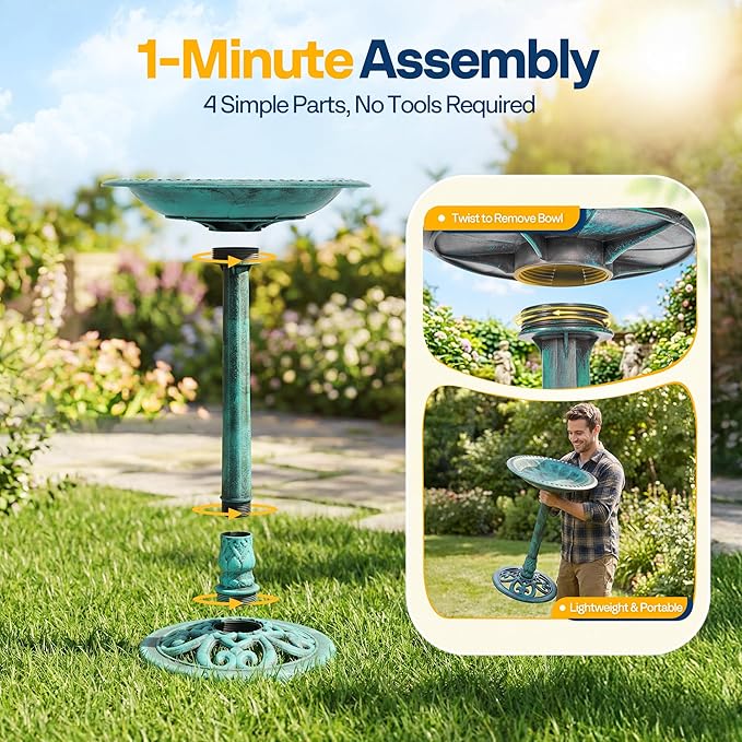 VIVOHOME Bird Bath for Outside, Polyresin Pedestal Bird Baths for Outdoor, Garden, 28 Inch Height Weather-Resistant Birdbaths with 20" Bowl, Green