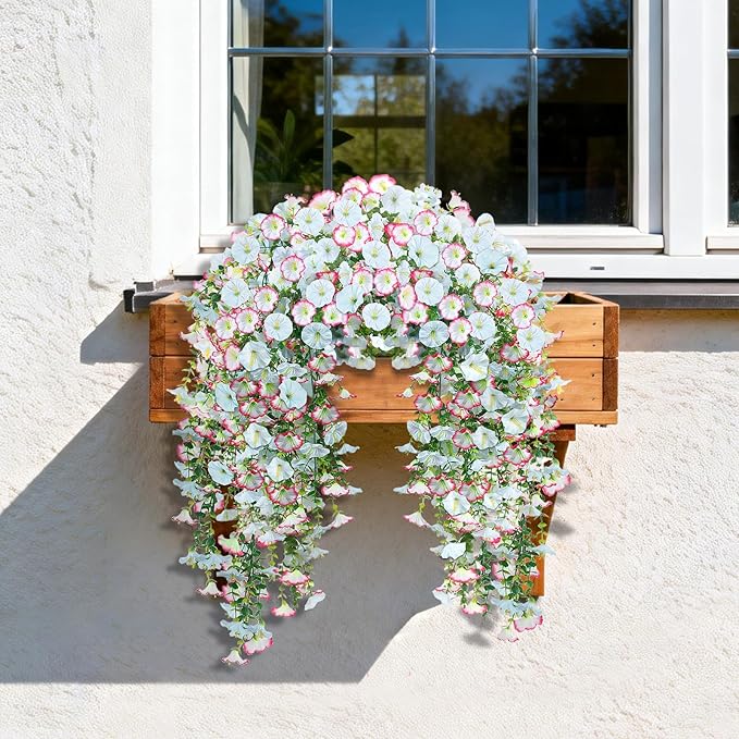 Artificial Hanging Flowers for Outdoors, 2 PCS 300 Blooms UV Resistant Morning Glory Faux Silk Vines, No-Odor Realistic Fake Plants for Garden Planter Porch Patio Decoration, Blue & White