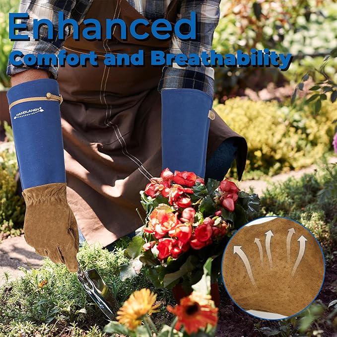 HANDLANDY Long Gardening Gloves for Men & Women, Pigskin Leather Rose Pruning Gloves, Breathable Thorn Proof Gauntlet Glove (Blue, XL)