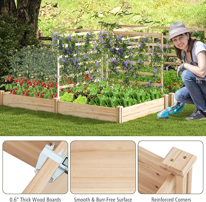 S AFSTAR Raised Garden Bed with 3 Trellis & 2 Planter Boxes, Outdoor Wooden 88" L x 45" W x 43" H Planter Box Kit for Flower Herb Vegetable Fruit Climbing Vines, Gardening Planter for Garden Patio