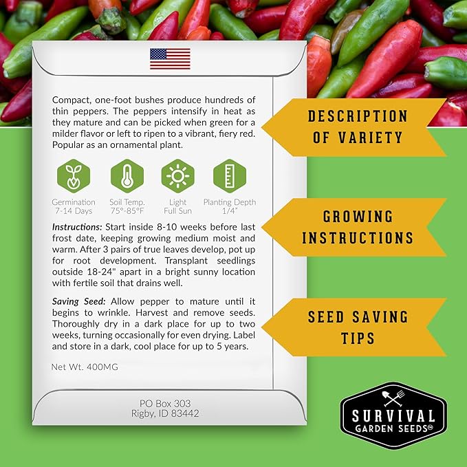 Thai Chili Pepper Seeds for Planting | Bird’s Eye Hot Peppers – Heirloom Non-GMO Hot Chilis for Spicy Cooking & Container Gardens – Survival Garden Seeds (2 Packs)