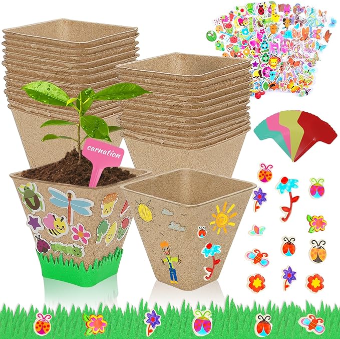 NNG 20 Set Garden Paper Pot Craft Kit,20Pcs Square Paper Mache Pots Peat Plant Pots with 200pcs Adhesive Foam Stickers & 20Pcs Pots Labels,Flower Plant Spring Craft for DIY Flower Planting