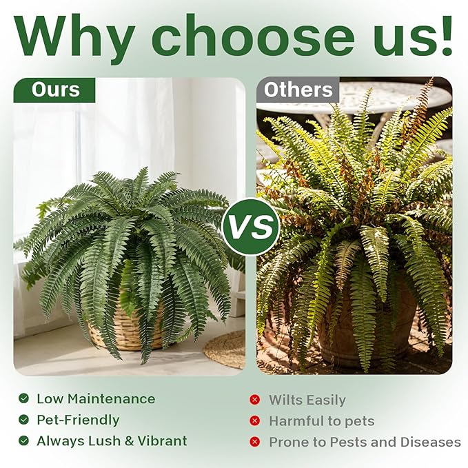 Set of 2 Large Artificial Boston Fern Plants, 48" Giant Faux Ferns with 33 Realistic Fronds, UV Resistant Fake Greenery for Outdoor Porch, Hanging Basket, Patio & Indoor Home Garden Decor