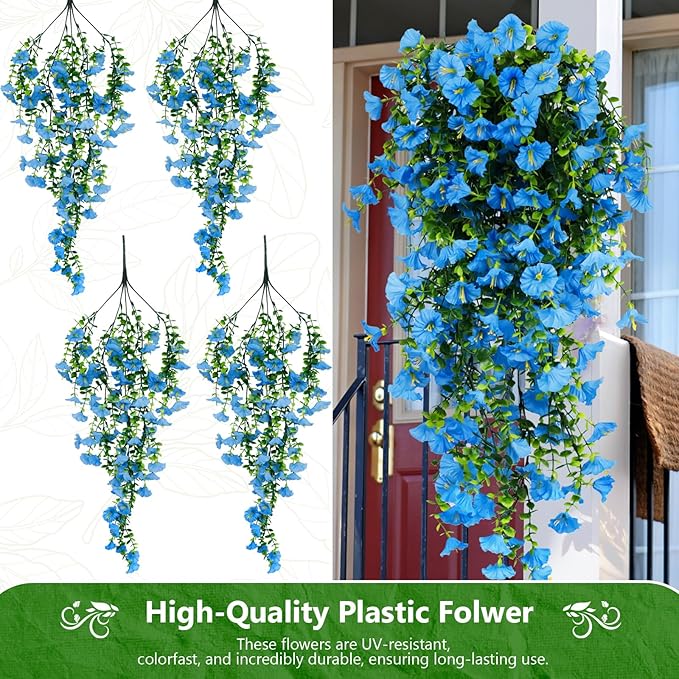 4-Pack Fake Hanging Plants, Faux Hanging Plant Artificial Greenery for Living Room Bedroom Boho Wall Shelf Indoor Outdoor Decor (Blue Morning Glory)