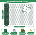 Convivium Plant Protectors from Animals, 0.8mm Free-Cut Green Chicken Wire Mesh, PVC Coated Tree Trunk Guard & Garden Fence for Outdoor Plants with Zip Ties, Stakes, Pliers, Gloves（16.4Ft*16In）