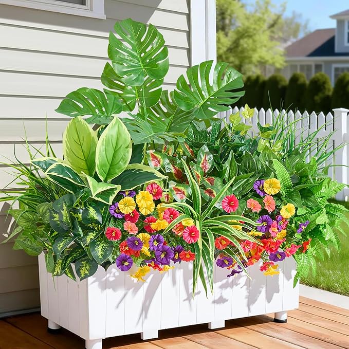 Artificial Plants Outdoor,18PCS UV Resistant Fake Greenery&Flowers with Stems Faux Plant Outside for Front Proch Garden Patio Planters Window Boxes Home Decor(Not Included Planter)
