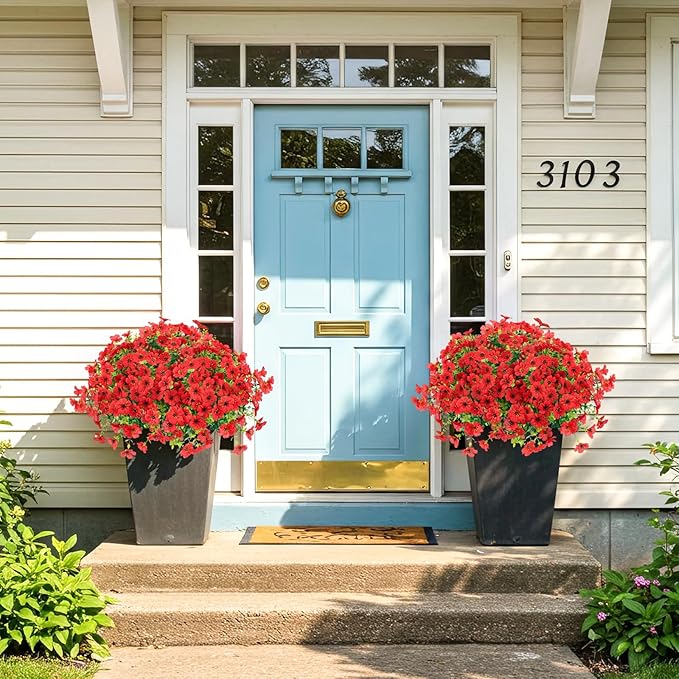 ATTGREAT Artificial Flowers Outdoor Faux Plants UV Resistant Fake Patio Flowers Plastic Greenery Plnats Outside Bulk for Spring Garden Hanging Planter Home Vase Decor, 12 Bundles (Red)
