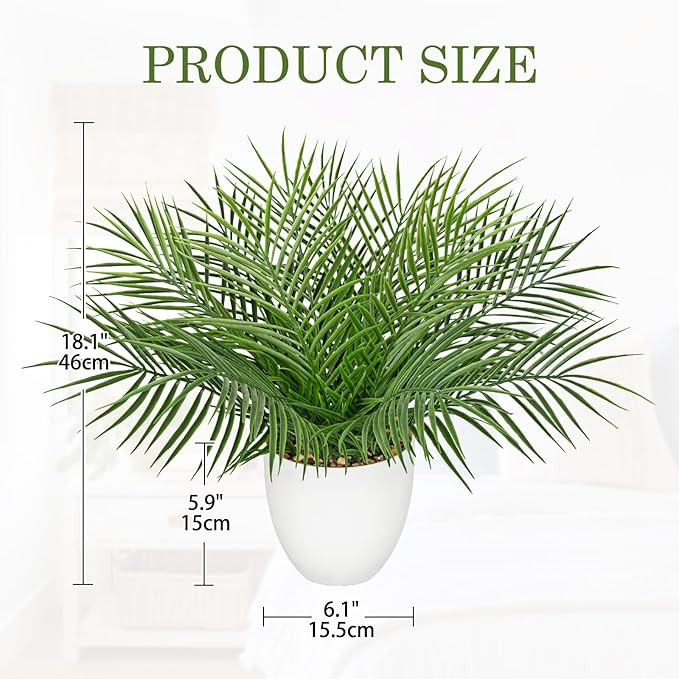 Briful Artificial Palm Plant in White Pot, 18” Faux Tropical Tabletop Plant with 14 Realistic Leaves, Small Potted Palm Tree for Farmhouse, Coffee Table, Entryway, Bathroom, Shelf & Living Room Decor