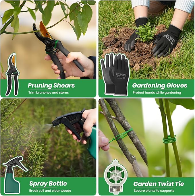 Velway Garden Tools Set -11-Piece Heavy Duty Hand Tool Kit with Ergonomic Handles, Rust-Proof, Carry Tote Bag – Gardening Gifts for Women & Men (Green)