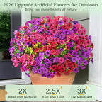 Artificial Flowers for Outdoors, 34 Bundles UV Resistant Fake Outdoor Flowers, Realistic Faux Outdoor Flowers for Decoration, Outside Fake Plants for Porch Garden Decor, Mixed Rose Red Purple