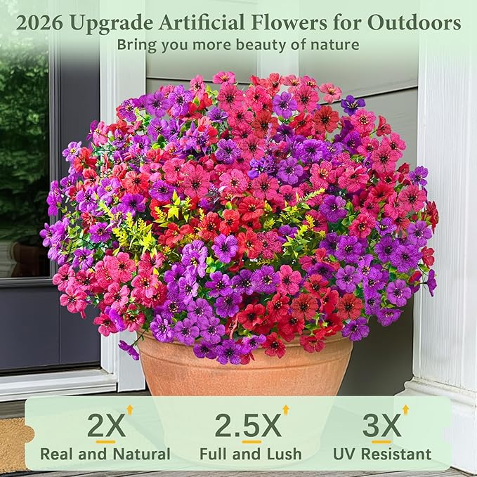 Artificial Flowers for Outdoors, 12 Bundles UV Resistant Fake Outdoor Flowers, Realistic Faux Outdoor Flowers for Decoration, Outside Fake Plants for Porch Garden Decor, Mixed Rose Red Purple