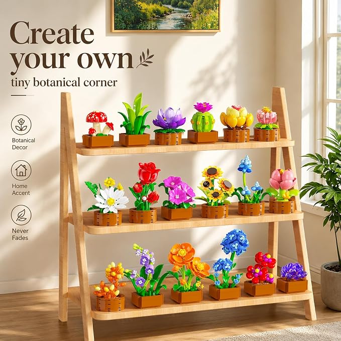 CUBIMANA 18 Unique Flowers Botanical Collection Mini Building Set, Tiny Flowers, Succulents & Plants with 3.6mm Mini Blocks, Desk Decor for Home Office, Relaxing DIY Gift for Women Adults Kids 12+