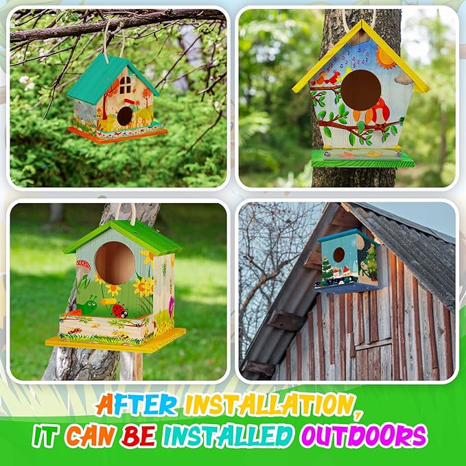 Liliful 12 Pack Birdhouse Crafts for Kids, Wooden Creative DIY Bird House Kits Arts and Crafts Set for Kids and Adults, Spring Birthday Gifts for Toddlers Ages (Seasonal Style)