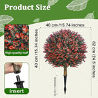 2 Pack 24" Red Rose Boxwood Topiary Ball Trees with Ground Stakes– UV Resistant Fake Shrubs & Bushes for Outdoor Porch, Front Door & Garden Planter Decor