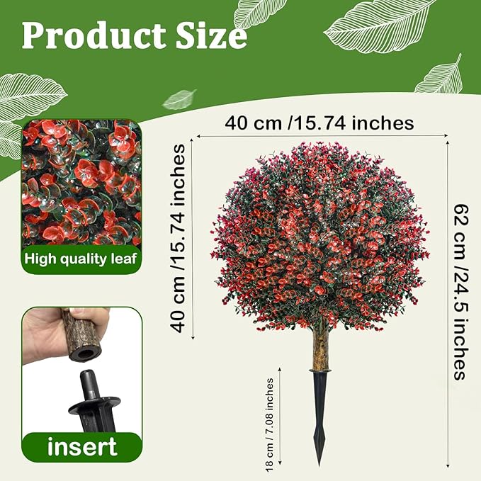 2 Pack 24" Red Rose Boxwood Topiary Ball Trees with Ground Stakes– UV Resistant Fake Shrubs & Bushes for Outdoor Porch, Front Door & Garden Planter Decor